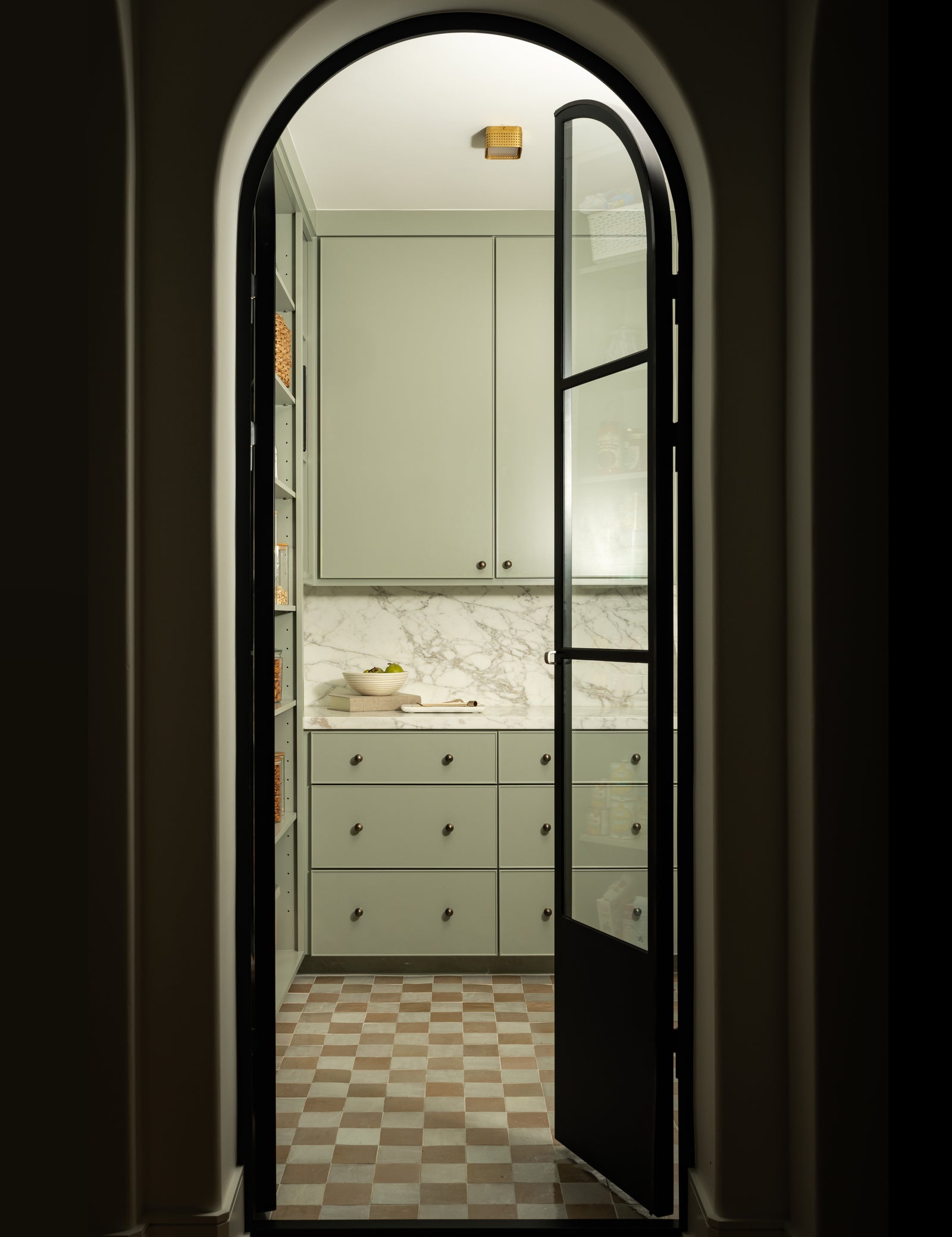 double arch cold-rolled steel black pantry door with kickplate