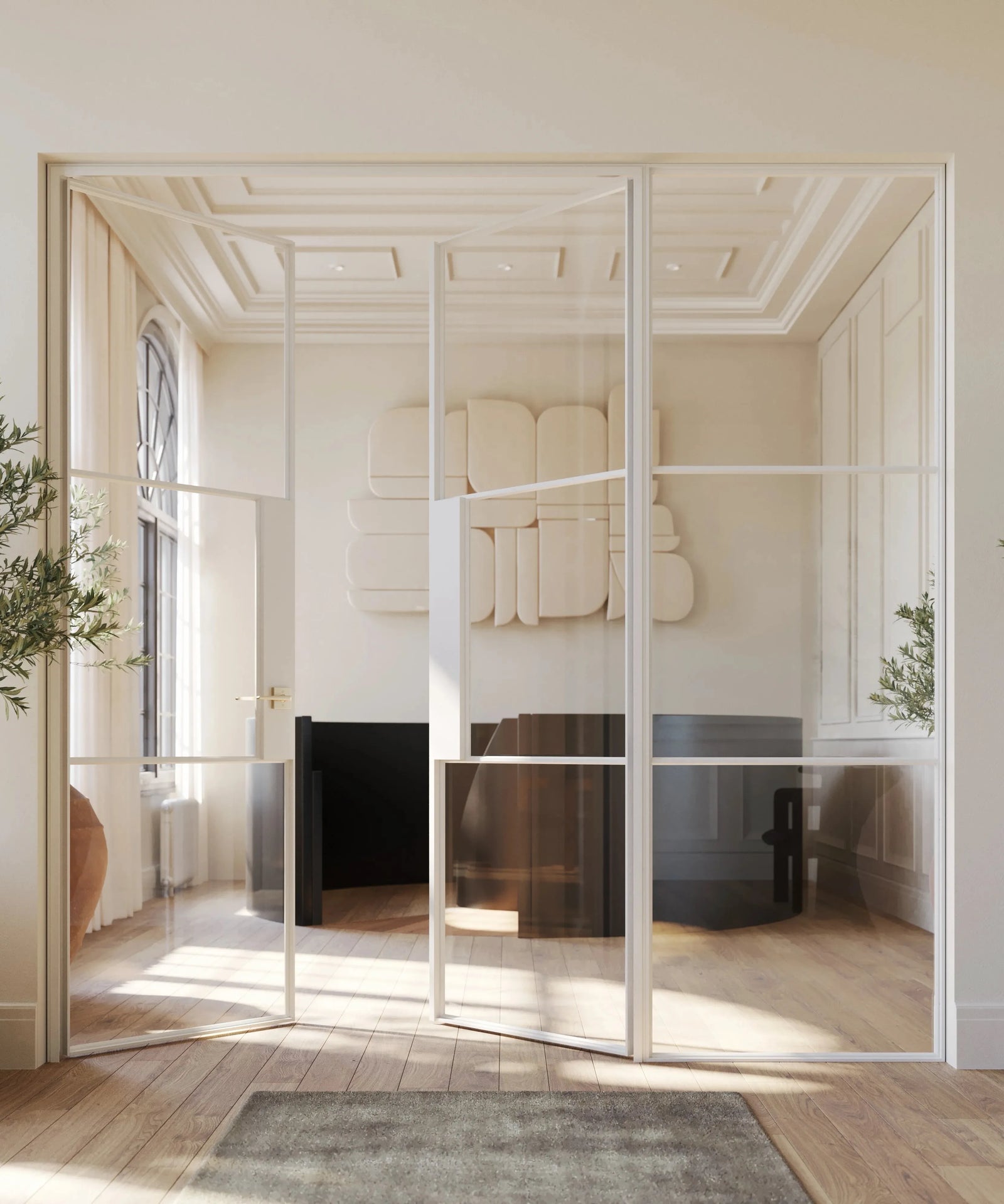 slim white steel interior door in modern luxury home with side window