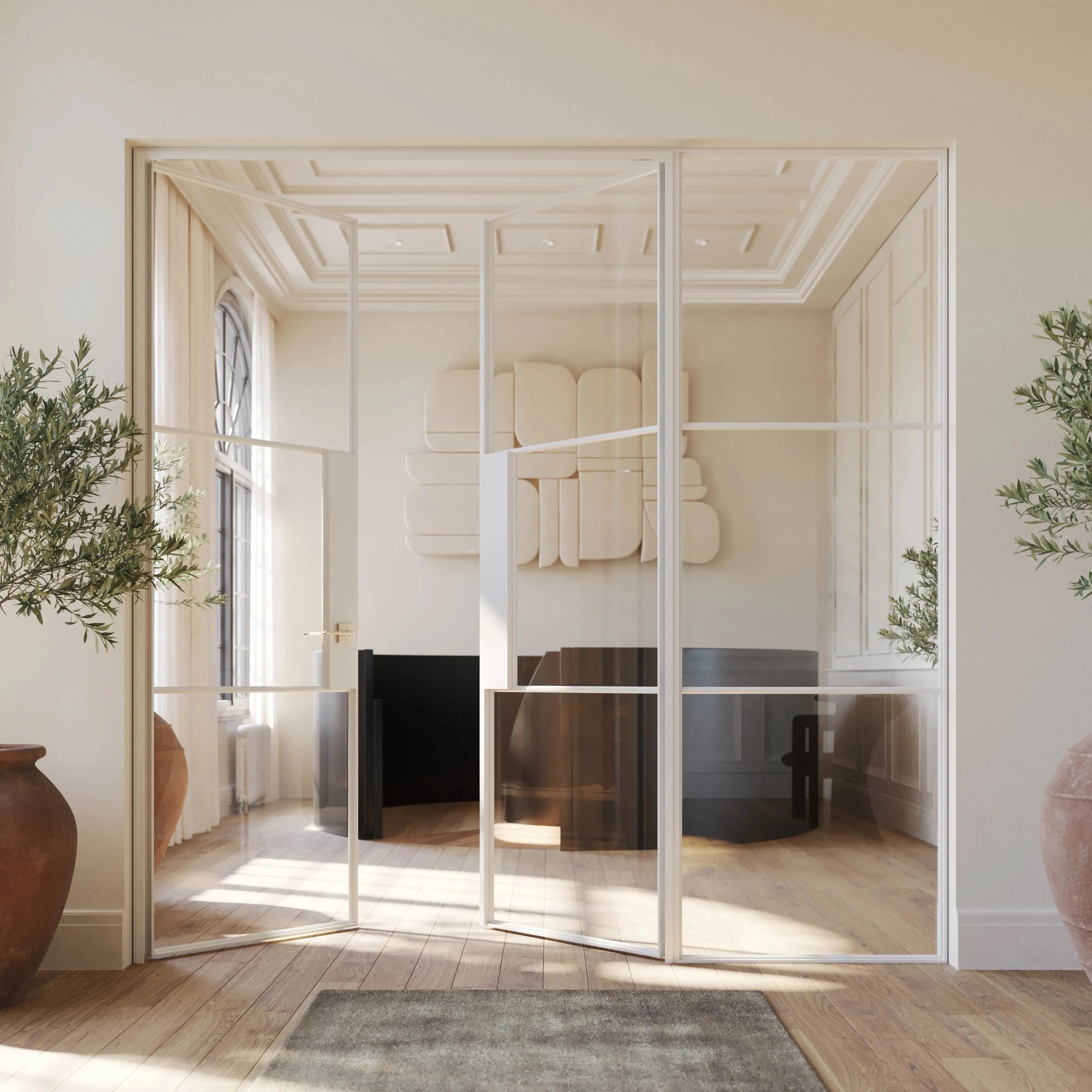 slim white steel interior door in modern luxury home with side window