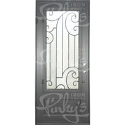 Piano Pre-hung black wrought iron flat top single door with glass insert.
