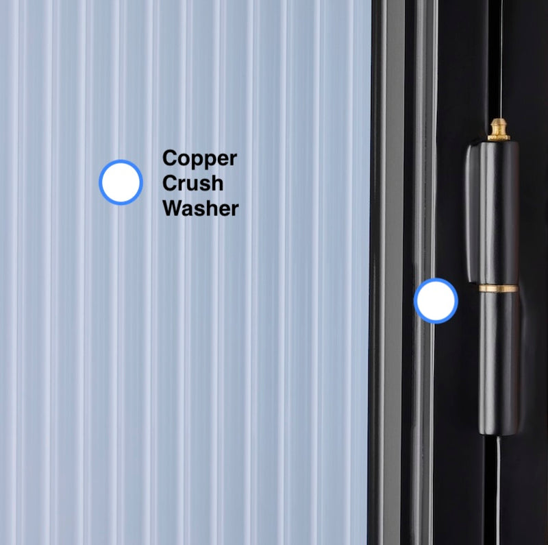 copper crush washer on bullet hinge of black metal double pantry door