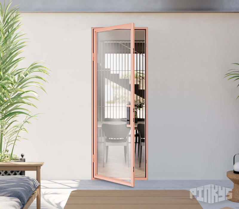 left hand out swing single steel door in pink
