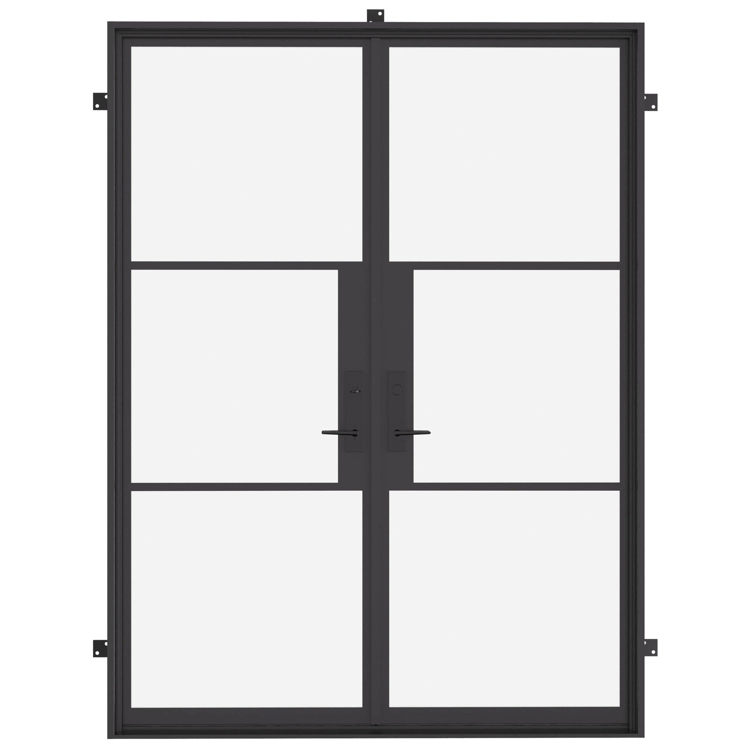 Modern double steel door with matte black finish installed in a residential entrance