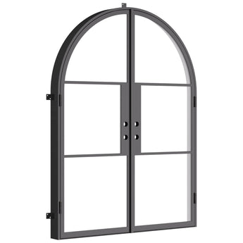 Black double full arch steel doors with full glass grids on residential entry