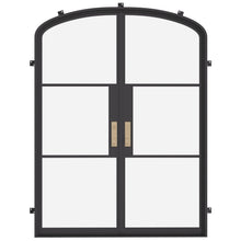 Load image into Gallery viewer, Minimalist black steel entry doors with mini arch and paneled glass