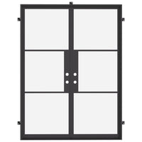 Black double steel doors with minimalist trim on suburban house