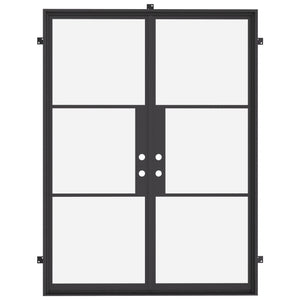 Black double steel doors with minimalist trim on suburban house