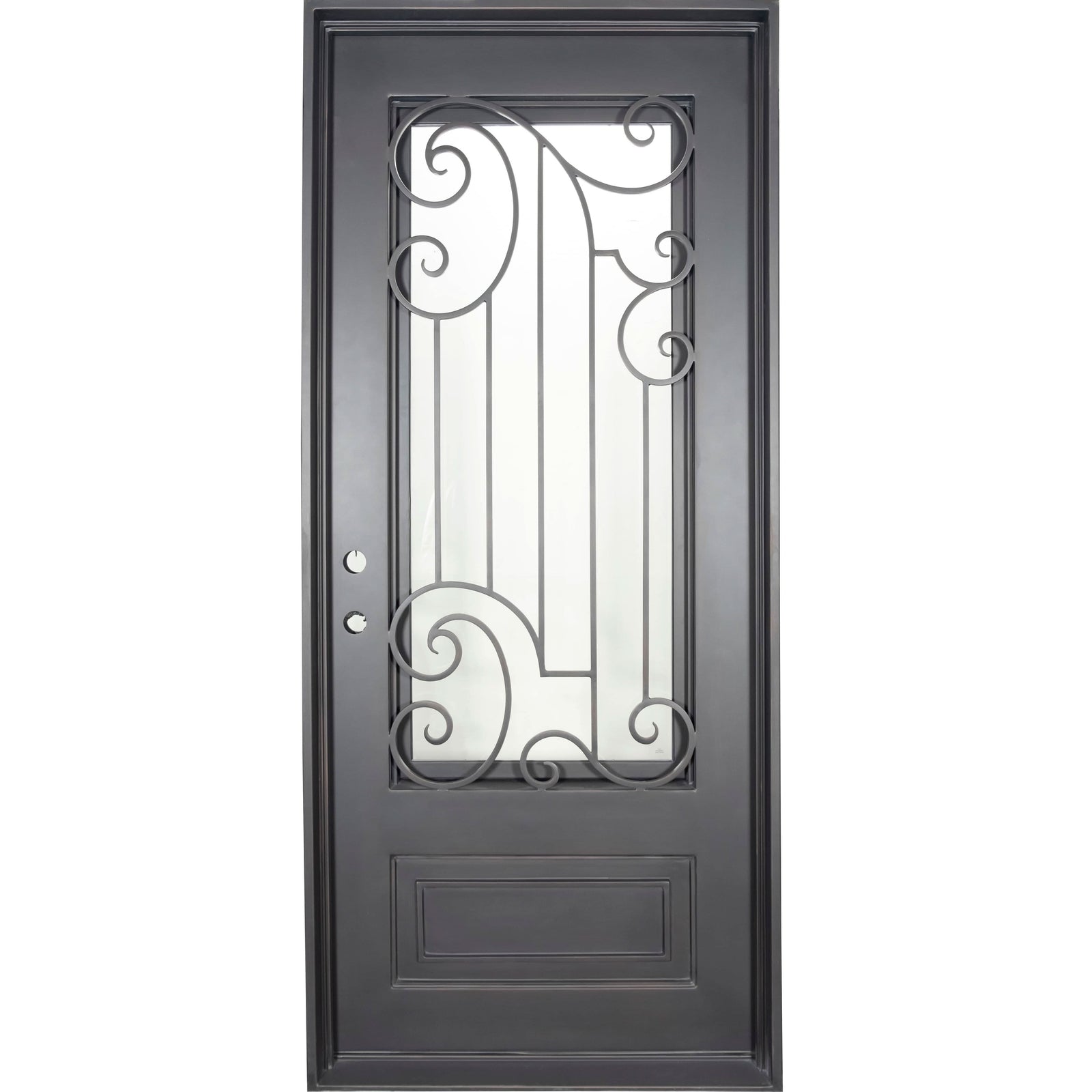 Piano Bronze color cold rolled metal exterior single flat top door with energy efficient glass.