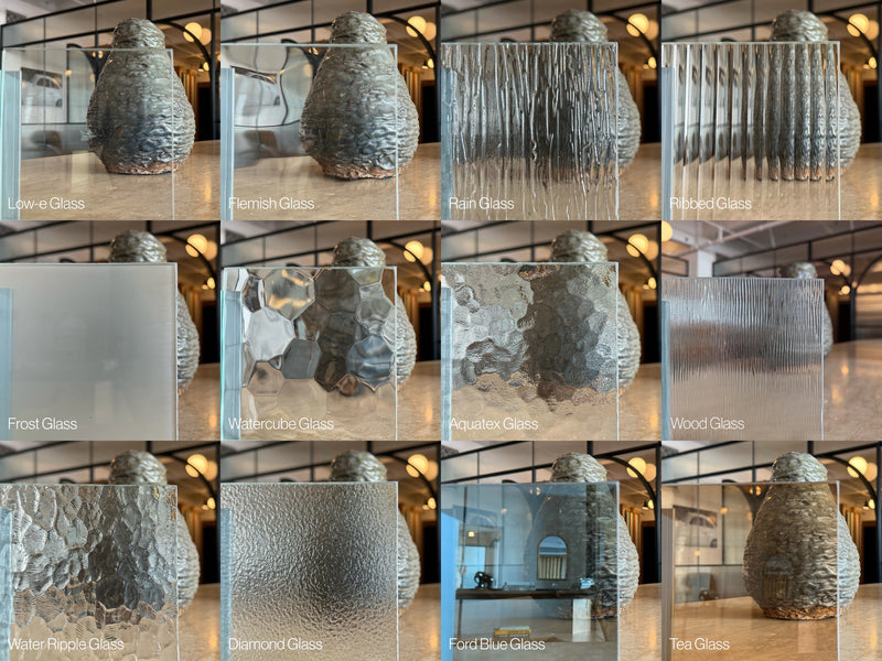 all available glass types for black entry door and steel windows