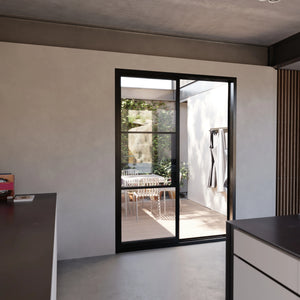 Slim-profile steel sliding doors for commercial entries