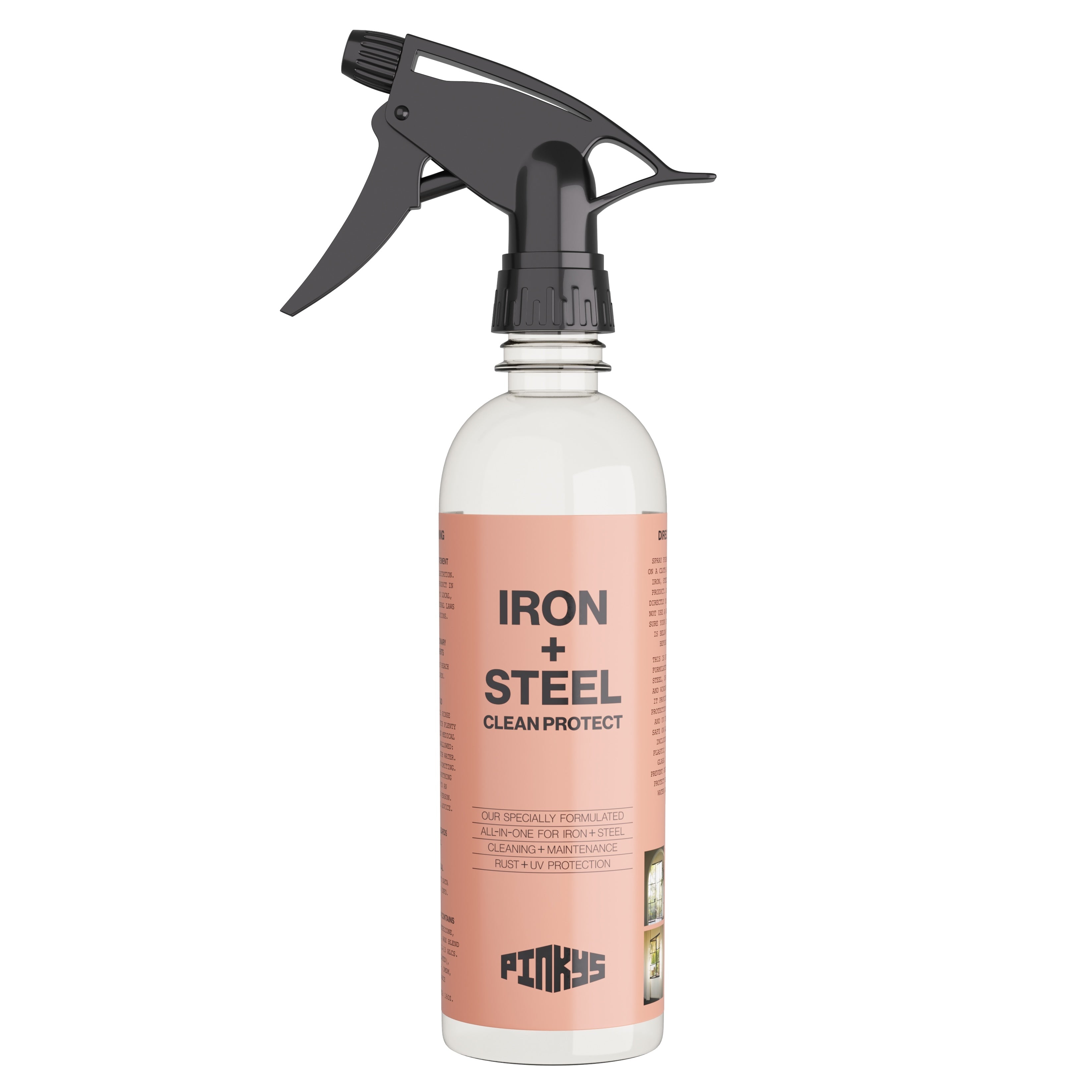 Iron + steel clean protect spray bottle.