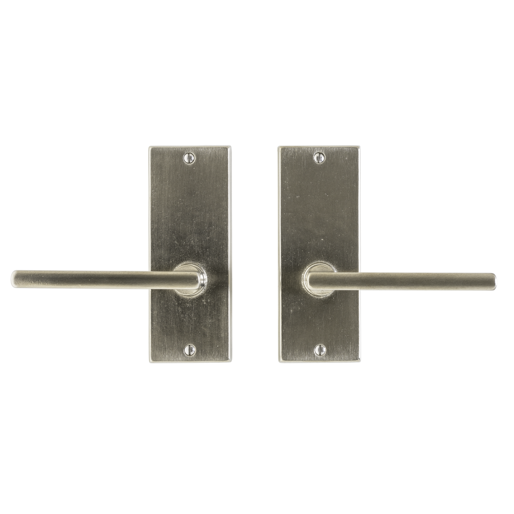 Bronze metro exterior door hardware in brushed silver living finish.