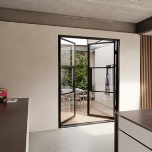 Minimalist double steel doors with flush panels and bullet hinges