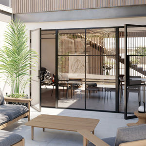 out swing single doors with a fixed panel in center and flat top