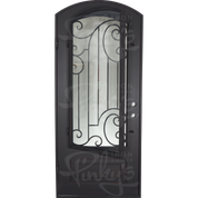 Piano single eyebrow arch top single entry door with ornate metalwork in bronze.