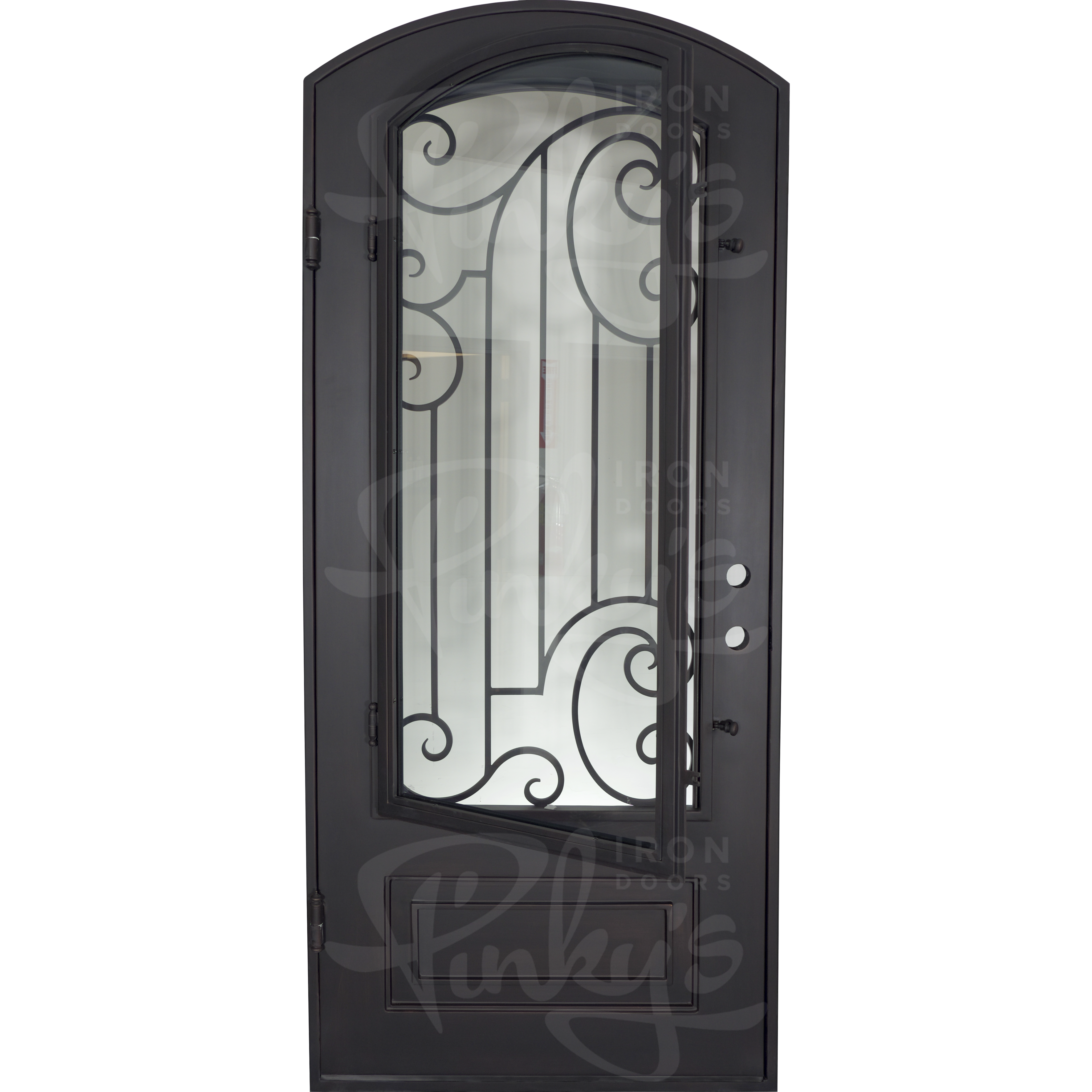 Piano single eyebrow arch top single entry door with ornate metalwork in bronze.
