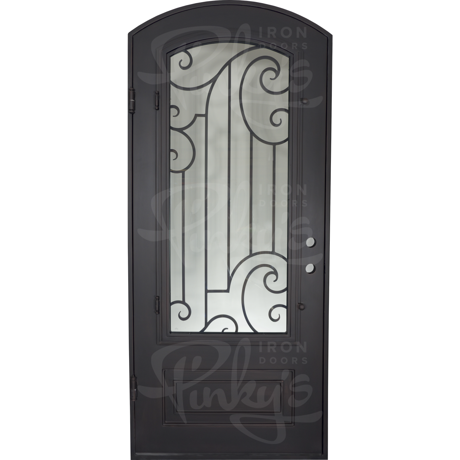 Piano black iron single arch top front door with energy efficient glass panel.