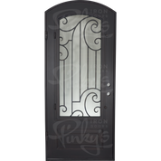Piano black iron single arch top front door with energy efficient glass panel.