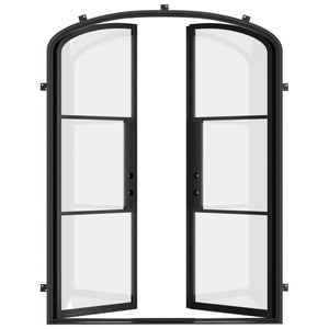 Black pre-hung double swing steel doors with symmetrical divided lites
