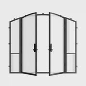 Custom-style modern steel entry doors with sidelights, Air Grand double arch configuration with tempered Low-E glass and textured ribbed glass inserts