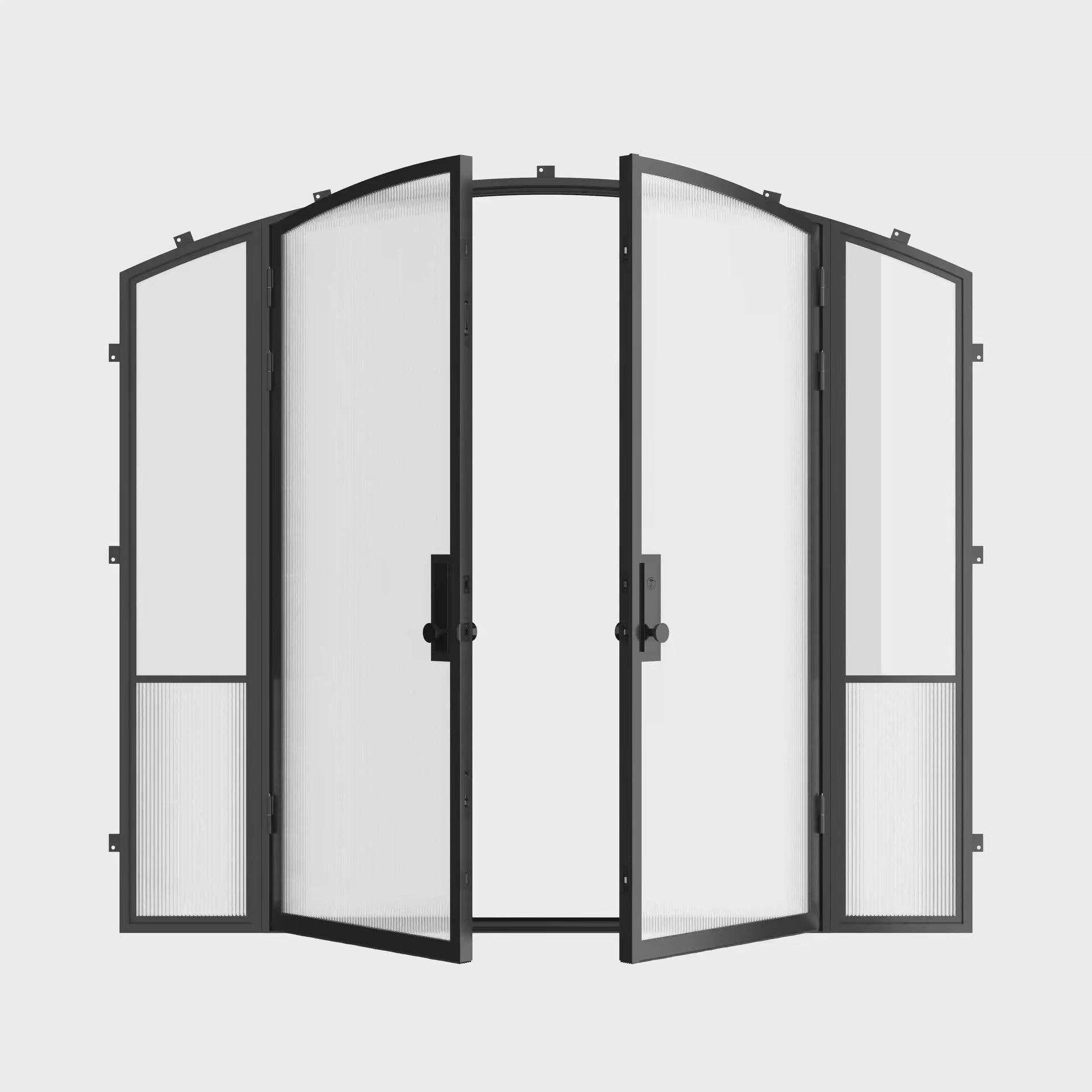 Custom-style modern steel entry doors with sidelights, Air Grand double arch configuration with tempered Low-E glass and textured ribbed glass inserts