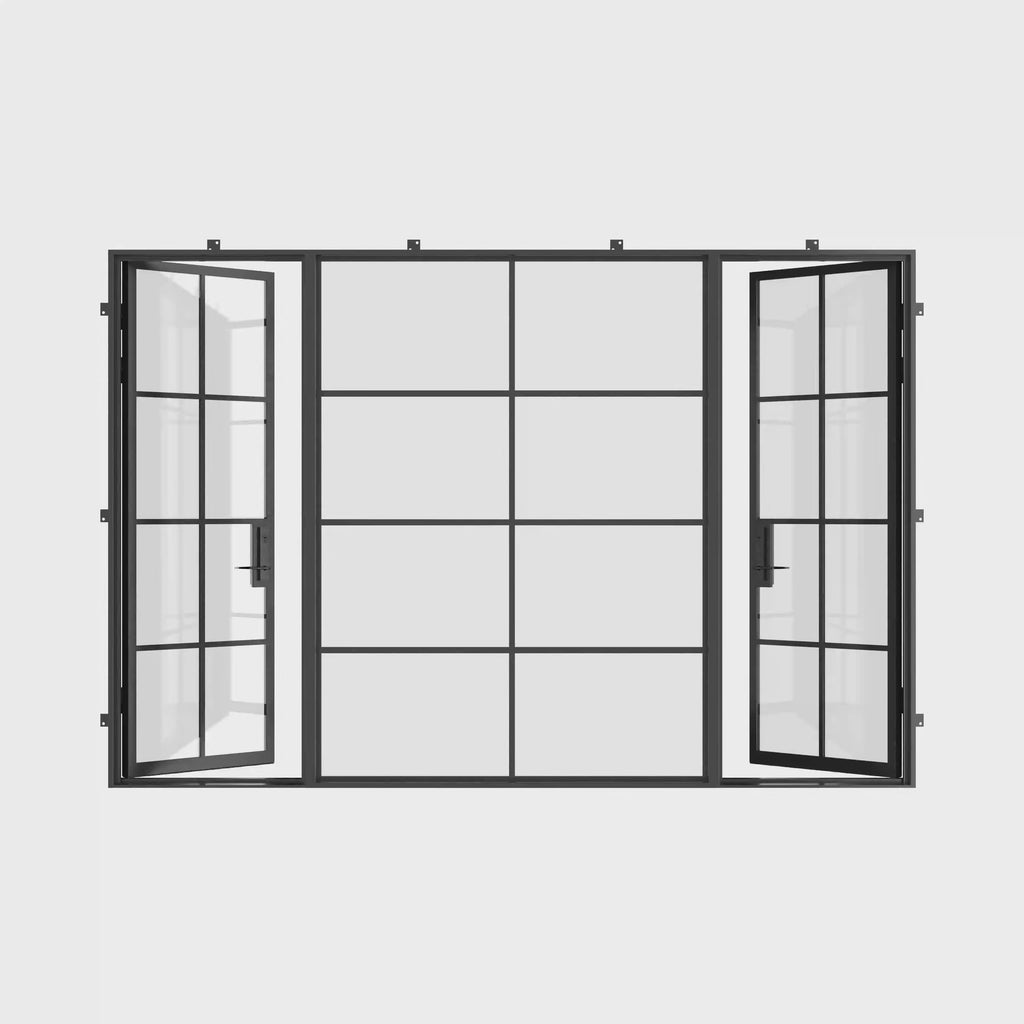 Dual single prehung steel entry doors with center glass panel and tempered safety glass