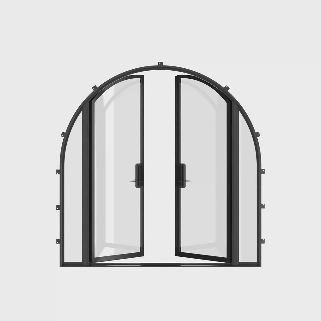 Pre-hung full arch steel door system with sidelights.