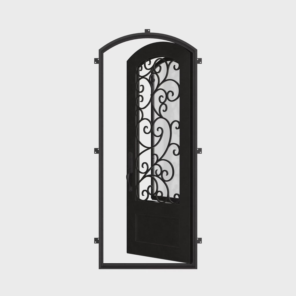 Story bronze color metal single arch top door with thick glass panel.