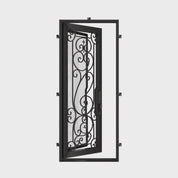 Hills thermally broken single flat door with hand forged scrollwork in black.