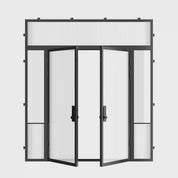 Air Grand contemporary steel entry door with sidelights and flat top glass using cold-rolled galvanized steel and insulated Low-E glazing
