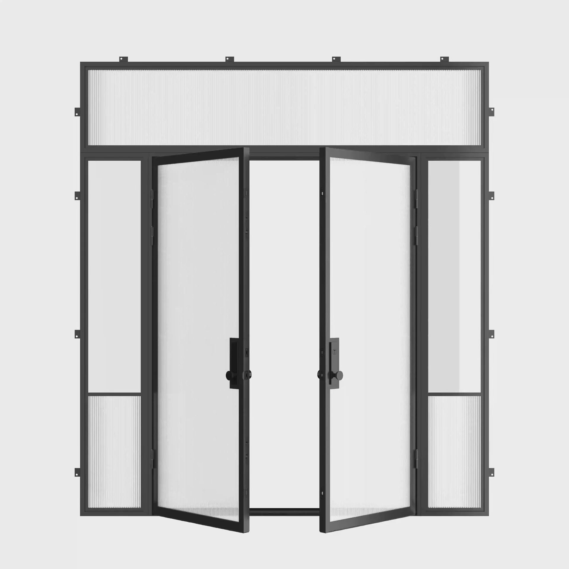 Air Grand contemporary steel entry door with sidelights and flat top glass using cold-rolled galvanized steel and insulated Low-E glazing