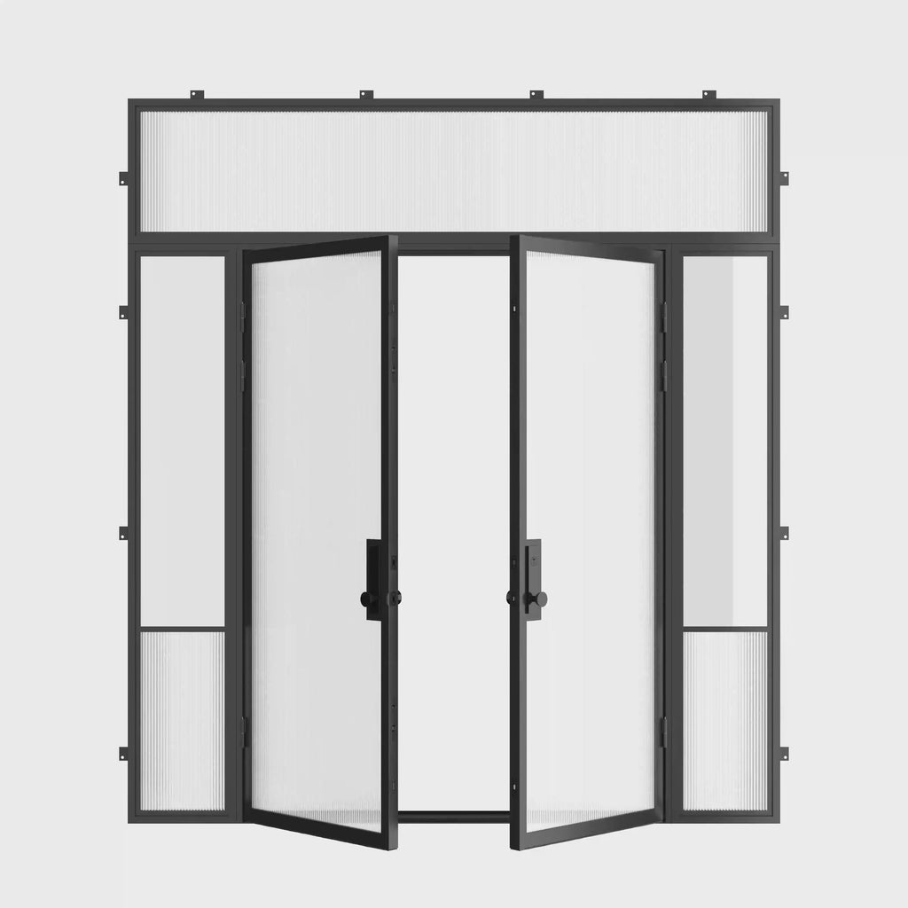 Air Grand contemporary steel entry door with sidelights and flat top glass using cold-rolled galvanized steel and insulated Low-E glazing
