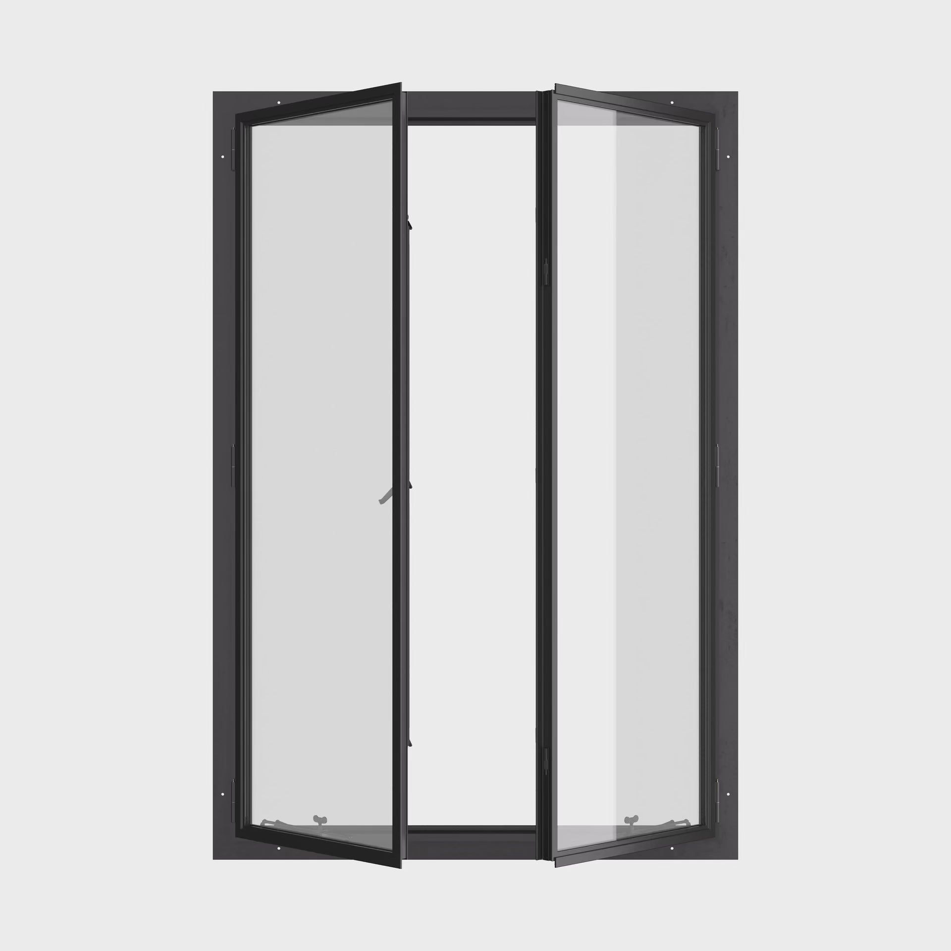 Thermally broken double casement steel window, portrait, cold-rolled steel, black, dual pane Low-E glass