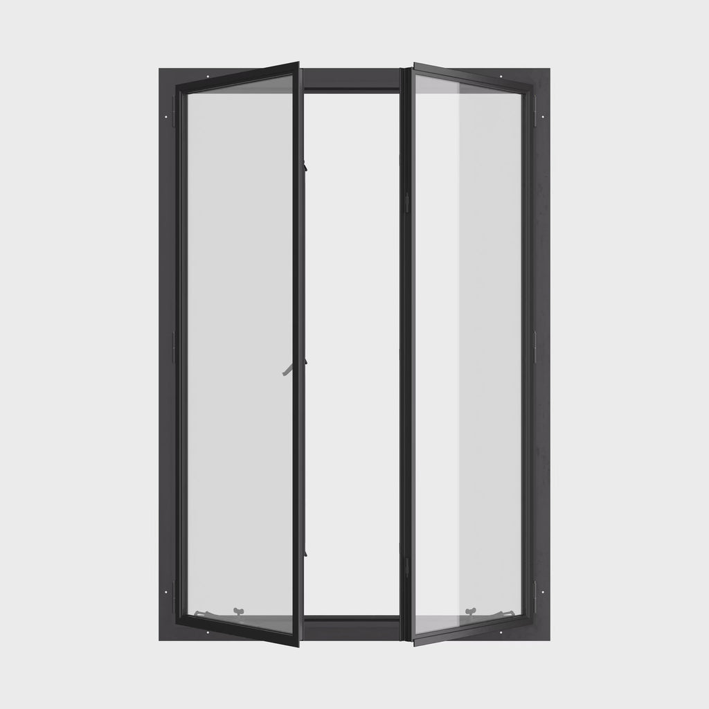 Thermally broken double casement steel window, portrait, cold-rolled steel, black, dual pane Low-E glass
