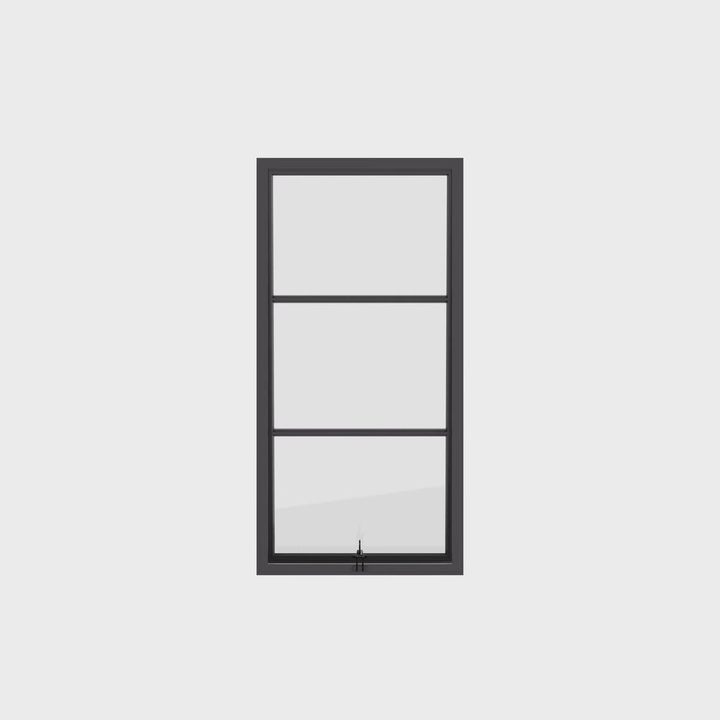 Awning steel window, portrait, 0V 2H grid, ring pull, hot-rolled galvanized steel, black, Low-E glass