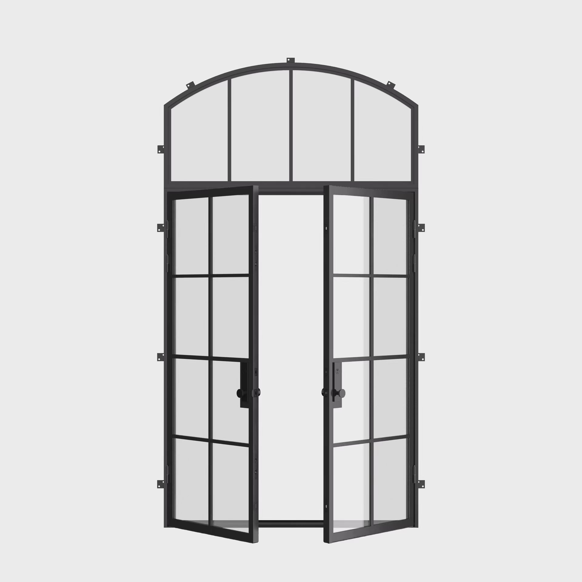 Contemporary double flat steel entry doors with arch top light, NFRC rated and insulated glass