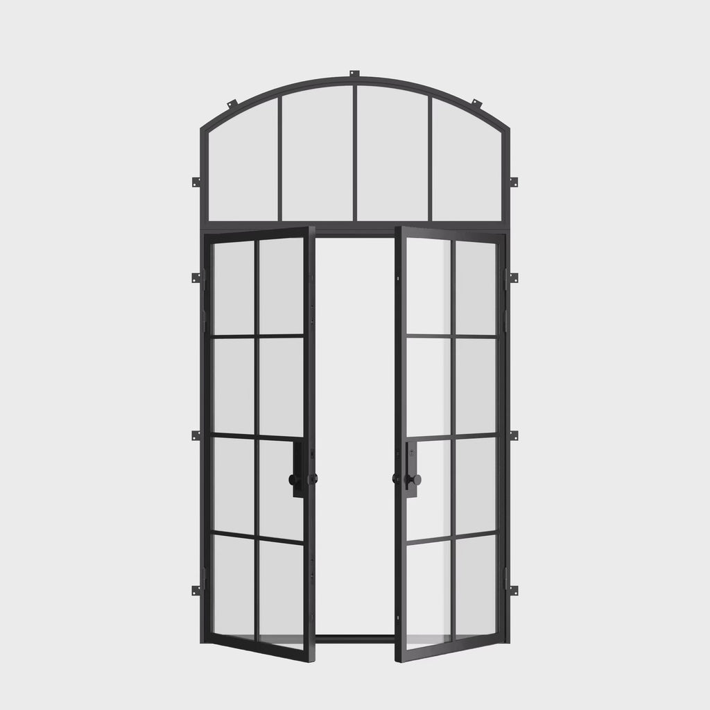 Contemporary double flat steel entry doors with arch top light, NFRC rated and insulated glass