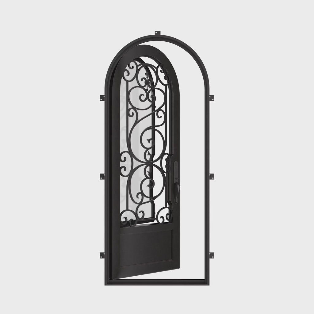 Beverly single radius top swing door with dual-pane energy efficient glass.