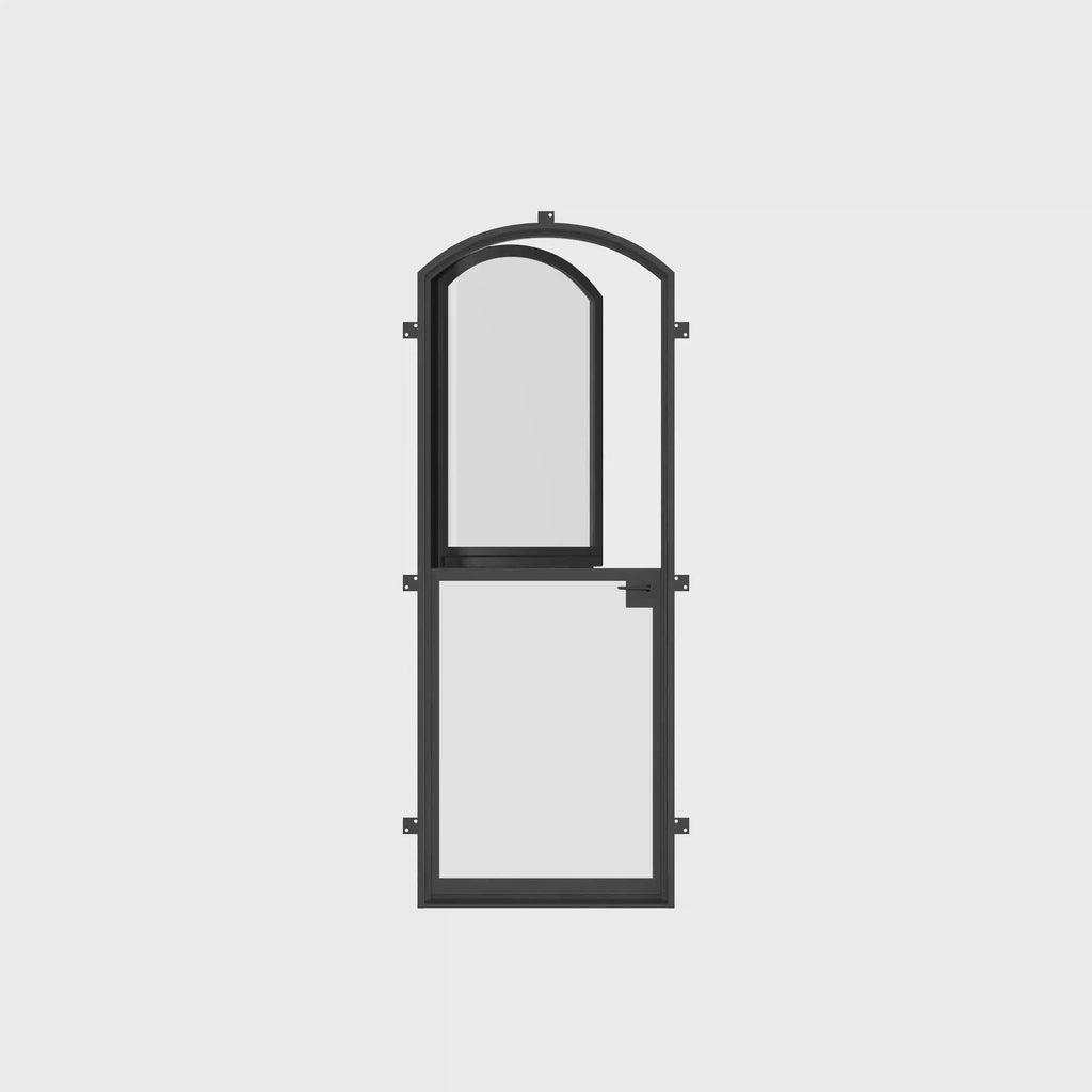 Exterior Dutch steel door with arch profile and modern lines.