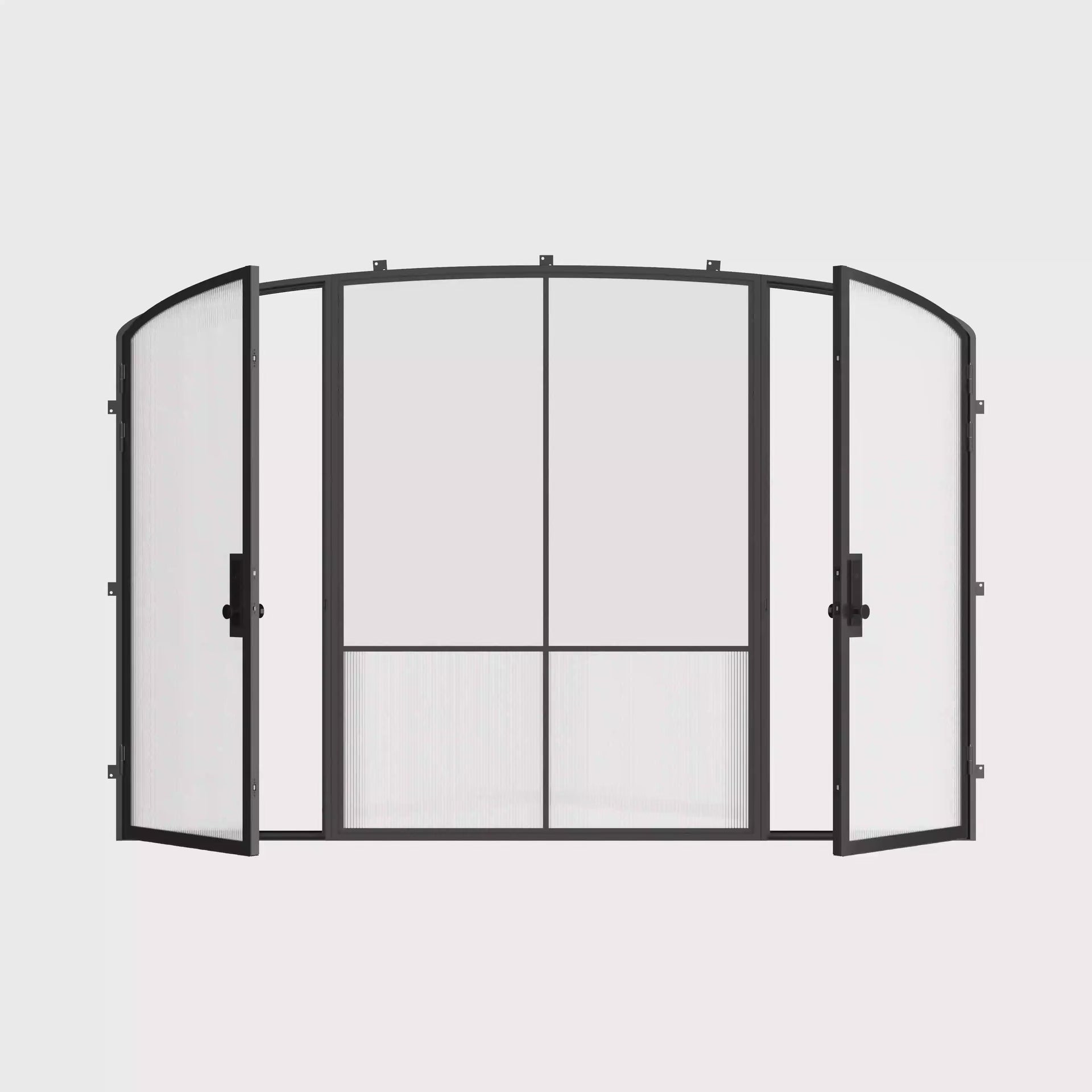 Minimalist steel double entry doors with mini arch center panel, Air Grand ribbed glass accents and insulated glass