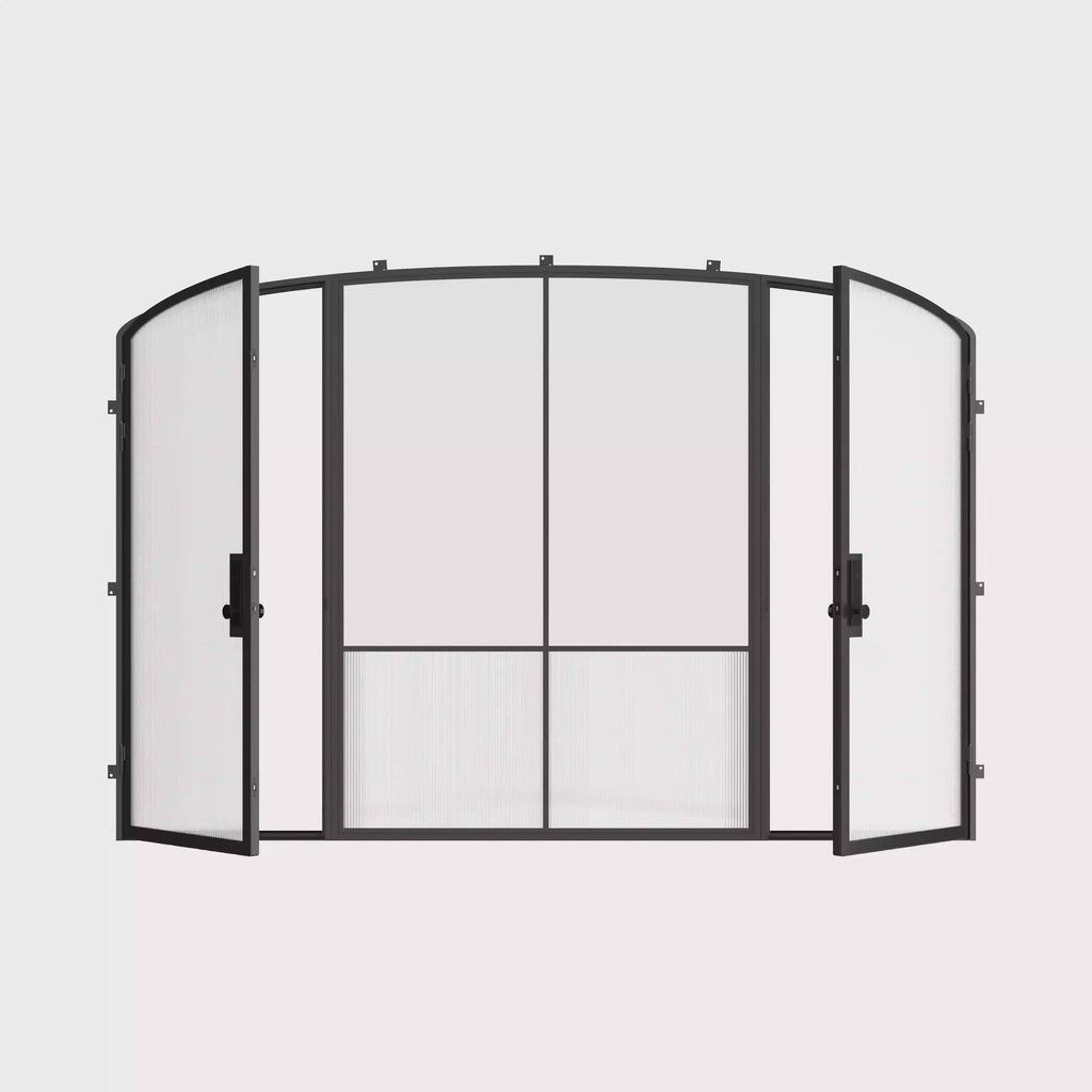 Minimalist steel double entry doors with mini arch center panel, Air Grand ribbed glass accents and insulated glass