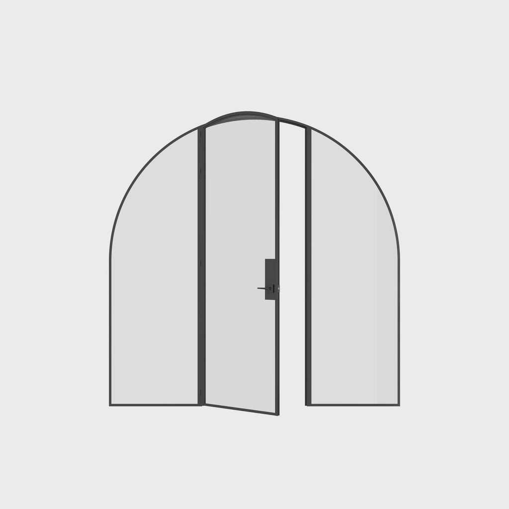 Single full arch hot-rolled steel door with sidelights and slim lines