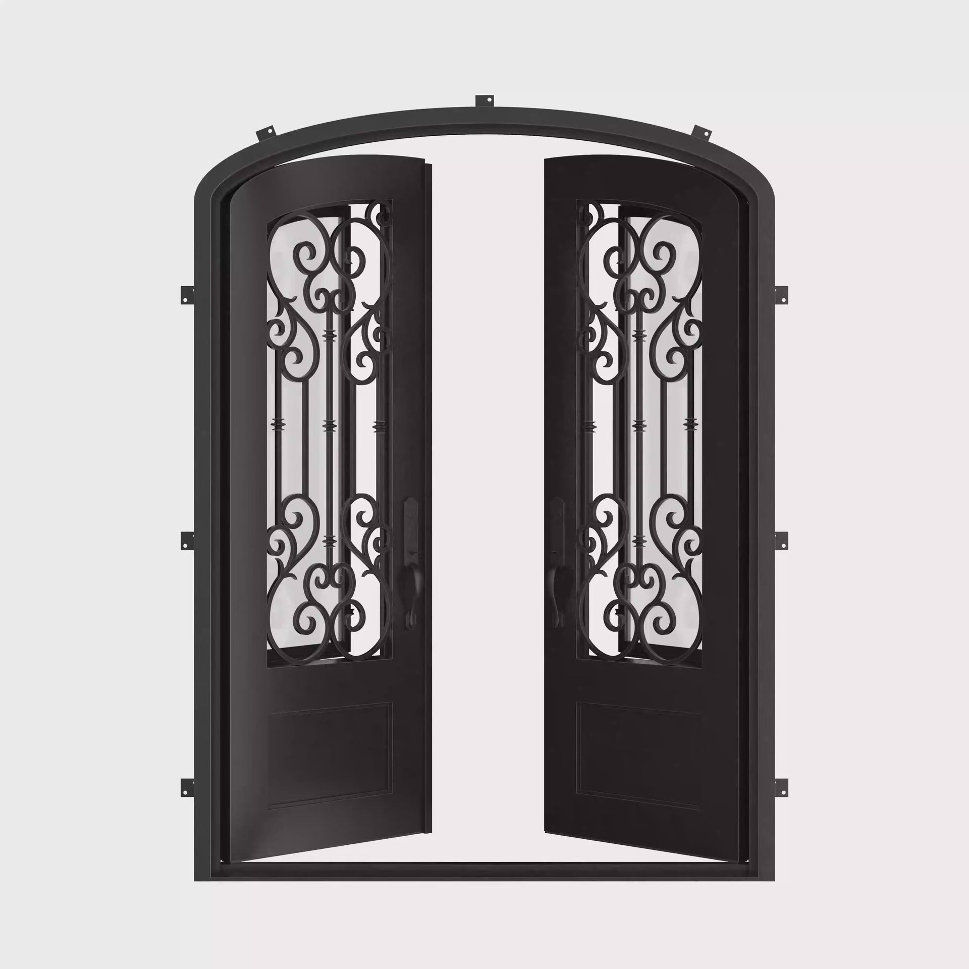 New York bronze colored iron entry door with arch design and glass.