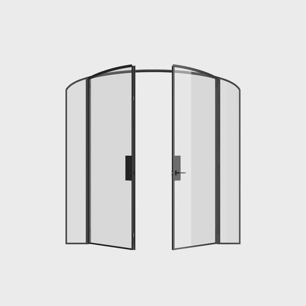 Double mini arch prehung steel door with side glass panels and minimal frame