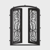 Hills double iron door in bronze shade with glass and arch design.