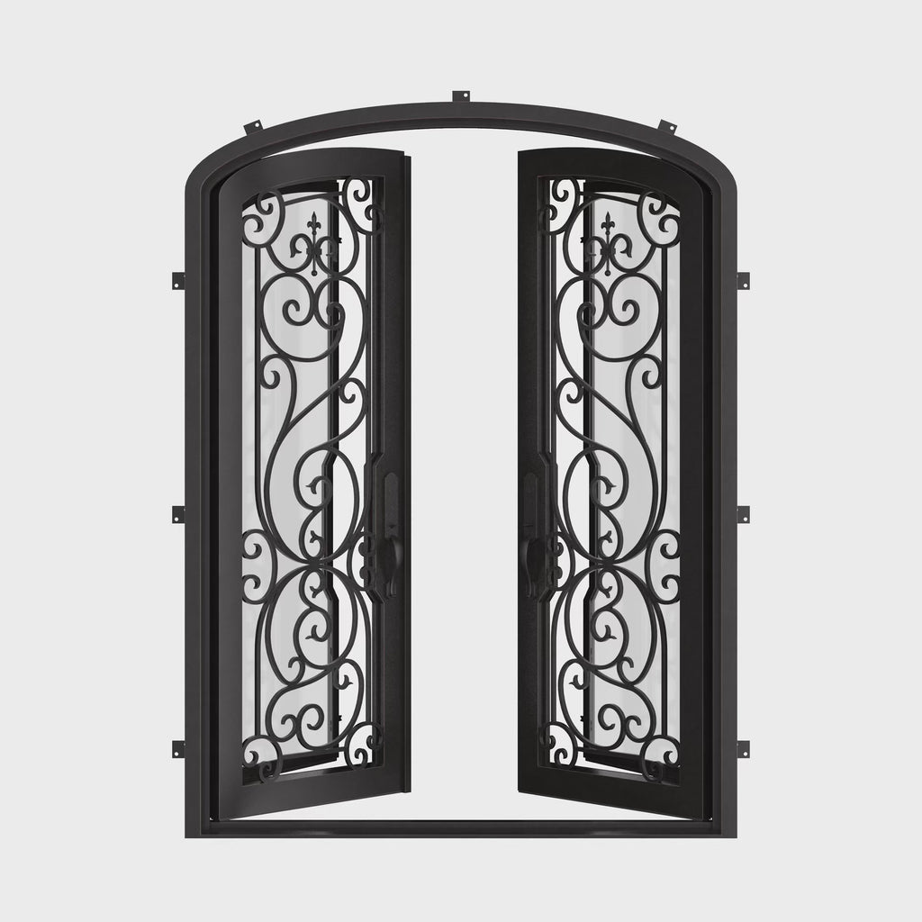 Hills double iron door in bronze shade with glass and arch design.
