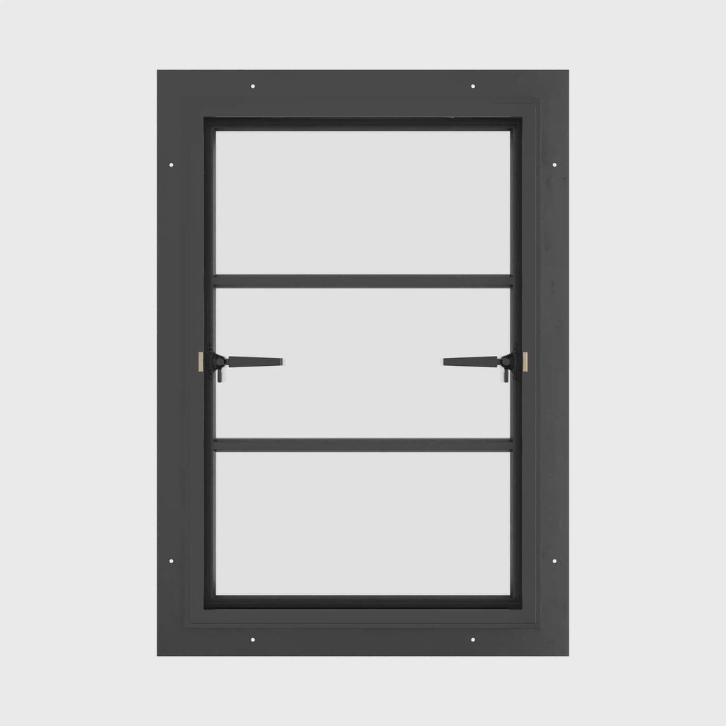 Thermally broken push-out steel window, 0V 2H grid, cold-rolled galvanized steel, black, Low-E glass