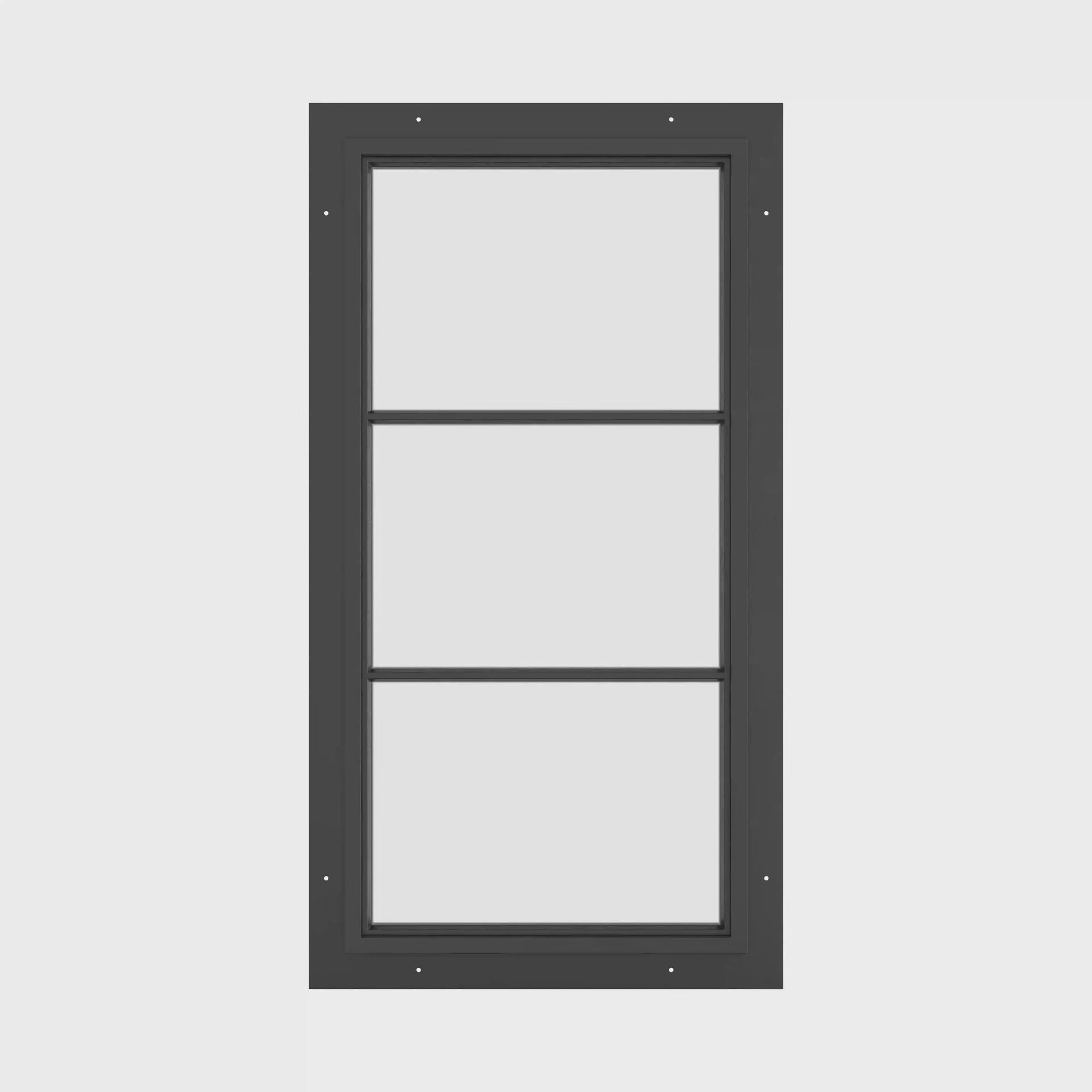 vertical steel window with two horizontal muntins and clean sightlines