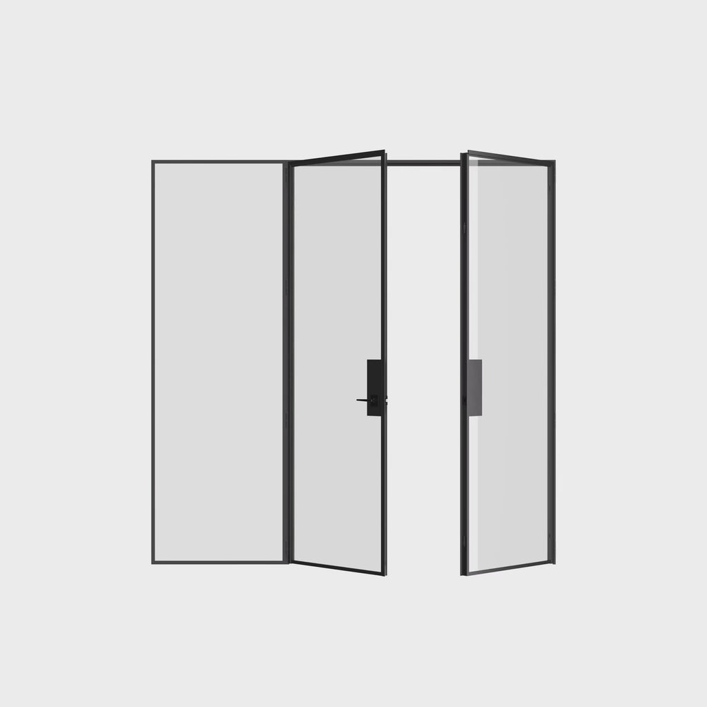 Pre-hung double steel door with left sidelight and modular frame system.
