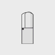 Modular Dutch steel door with curved glass and sleek architectural styling.